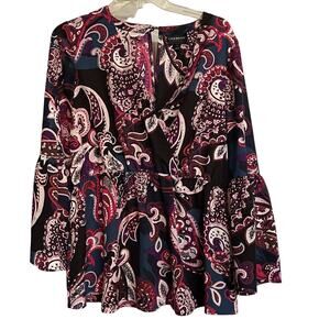 Lane Bryant Top Multicolor Paisley Print Long Bell Sleeve Wrap Blouse sz 14‎ EUC